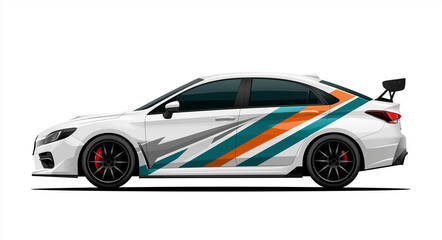 Fototapeta premium Modern sport sedan with vibrant abstract car wrap design side view