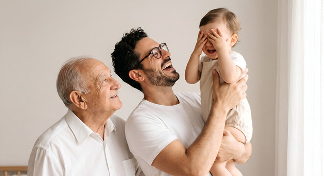 A joyful three-generation family featuring a grandfather and father smiling at a baby who is playfully covering its eyes.