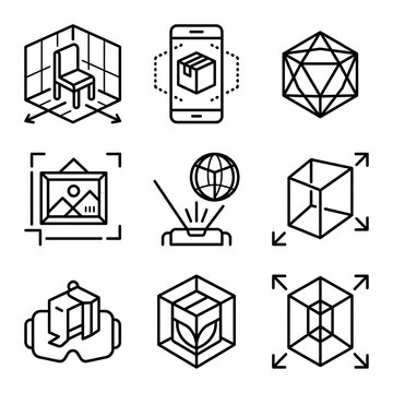 Augmented Reality and 3D Visualization Line Icon Set