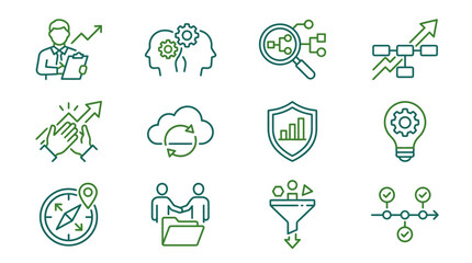 Fototapeta premium Corporate Infographic Icons Showcasing Business Growth Innovation Security and Teamwork in Green and Blue Line Art
