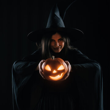 Young witch holding a glowing jack o lantern in dark scene