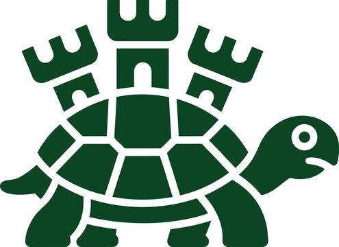 Stylized green turtle with a castle shell on its back isolated on a white background
