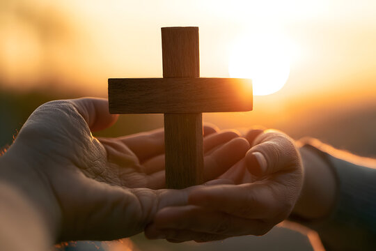 Pictures of hands holding a wooden cross set against a sunset, with gentle light highlighting the cross and imbuing the outdoor scene with a spiritual ambiance