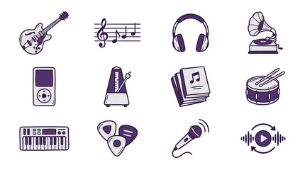 Fototapeta premium Creative Icons Set of Music and Audio Equipment in Monochromatic Purple Blue Line Art Style with high quality professional line art symbols for modern creative design and digital branding projects