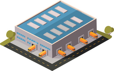 Fototapeta premium Modern warehouse building with delivery trucks, loading docks, logistics center, industrial transportation and isometric business illustration