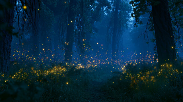 Dark forest with glowing fireflies and mystic undergrowth
