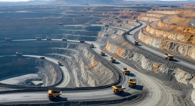 Massive fleet of yellow mining trucks navigating complex haul roads within a vast open-pit mine under a clear sky