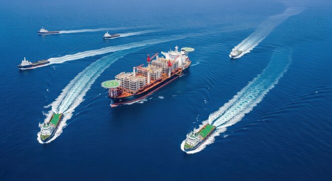Massive floating production storage and offloading vessel at sea surrounded by smaller boats leaving wakes