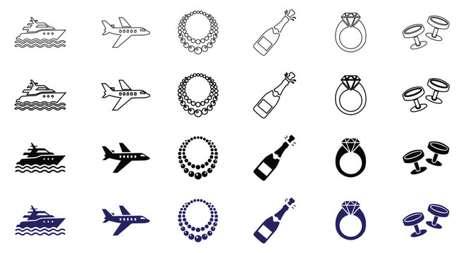 Luxury lifestyle line and solid vector icon set. Wealth, rich, private jet, yacht, diamond ring, champagne, necklace, cufflinks icons.