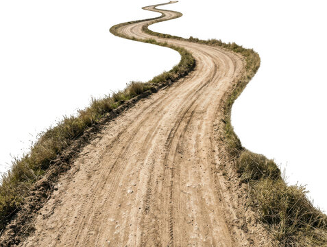 Winding dirt road through a rural landscape isolated on transparent background