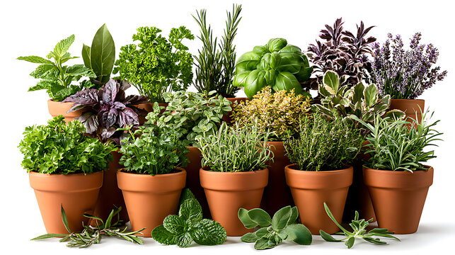 Herbs in pots with leaf sprigs. A large selection of herbs growing in terracotta pots with leaf sprigs.