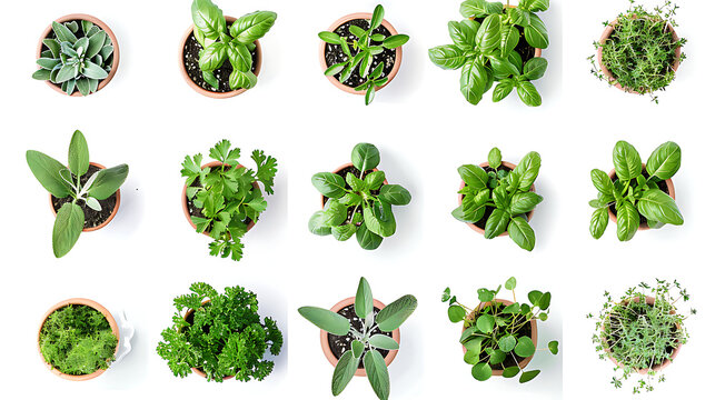A collage, each element of which depicts a different plant with a sprig of leaf and a small terracotta pot.
