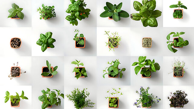 A collage-style composition, each branch depicts a different plant with a sprig of leaf and a small terracotta pot, or just a sprig.