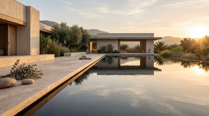 Fototapeta premium Modern Minimalist Luxury Villa with Infinity Pool at Sunset
