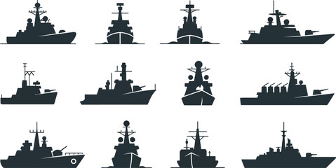 Modern Naval Warship Silhouette Vector Set, Military Navy Combat Vessel Icons for Maritime Defense Fleet Illustration Collection Design © MsAbuBakkar