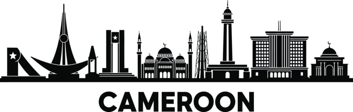 Cameroon skyline silhouette with landmark buildings and national flag