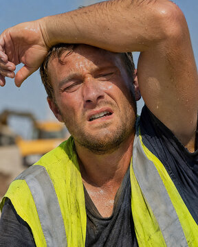 Sweating construction worker in reflective safety vest shielding his face at a worksite under harsh midday sunlight