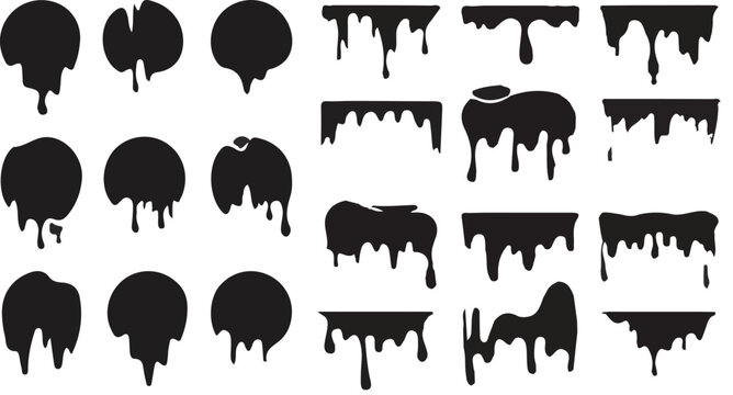 Set of isolated black liquid drips and paint blobs on transparent background.Set of isolated black liquid drips and paint blobs on transparent background.