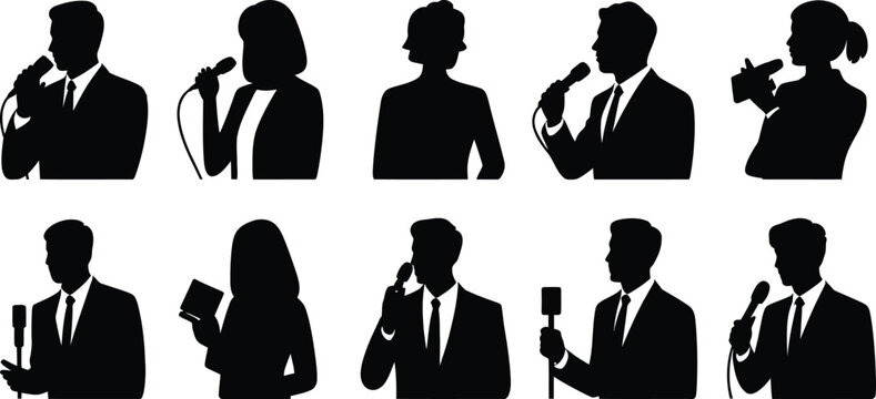 Professional Reporter Silhouette Vector Collection, News Presenter Interview Broadcaster Media Journalist Icons, Corporate Communication Illustration Set Design Pack