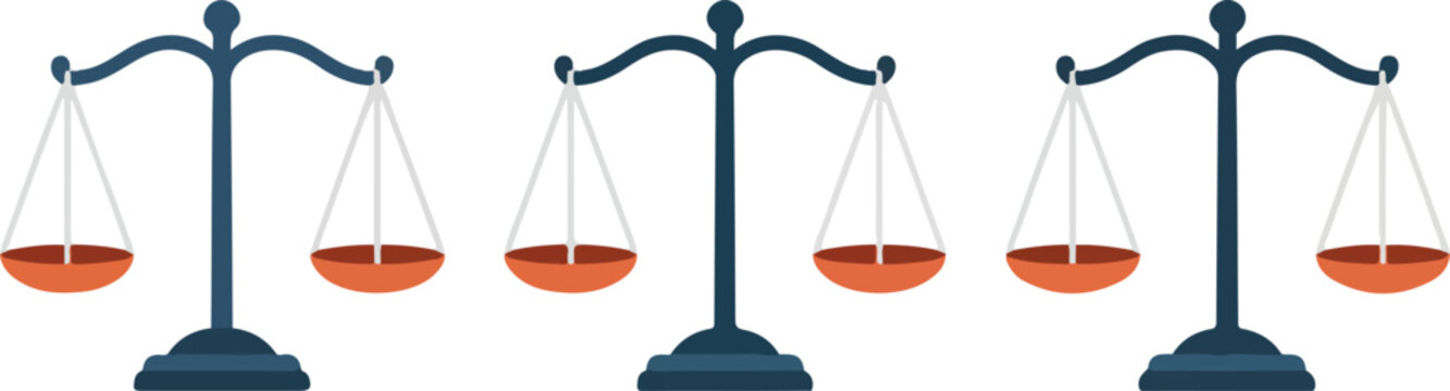 Three balanced scales depicting justice, equality, and fairness as a legal concept or societal principle on a clean white background.