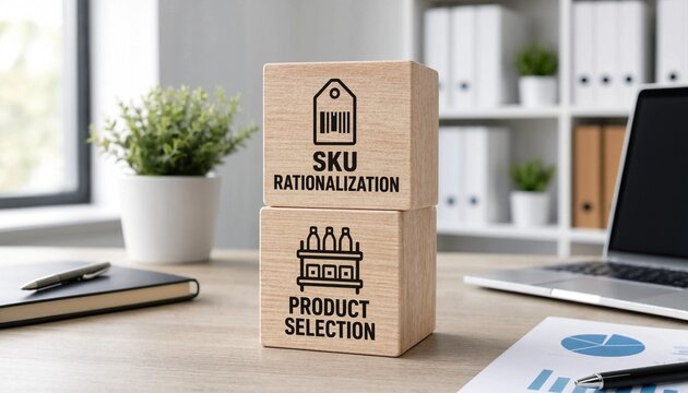 Modern office workspace displaying wooden blocks illustrating SKU rationalization and product selection strategies on a desk