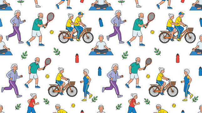 Active Senior Lifestyle Seamless Pattern with Elderly People Exercising, Cycling, Running, and Fitness Activities Vector Illustration
