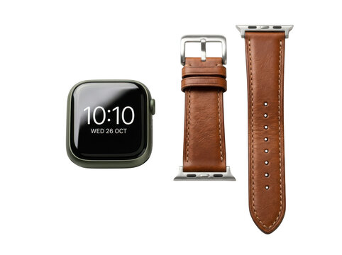 Modern smartwatch with brown leather strap isolated on transparent background