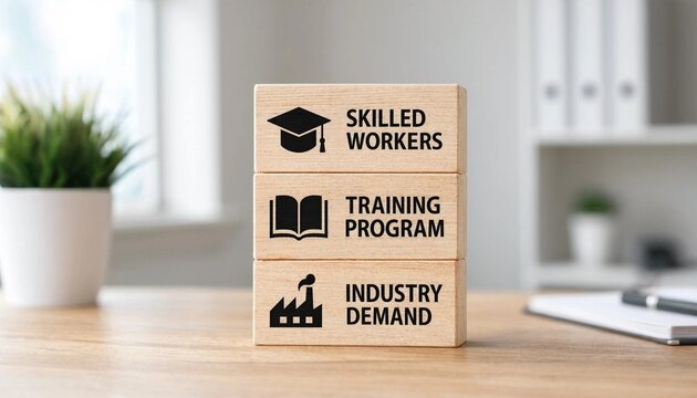 Three wooden blocks illustrating skilled workers training programs aligned with industry demand on a desk