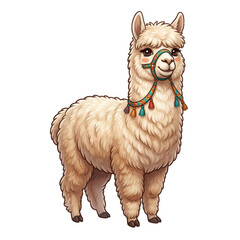 Fototapeta premium Cute illustration of a fluffy cream alpaca wearing a decorative tassel harness standing on a white background