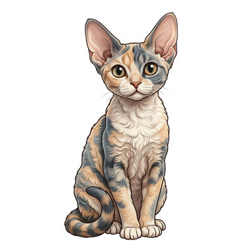 A whimsical illustration of a Devon Rex cat with curly calico fur and large ears sitting on white background