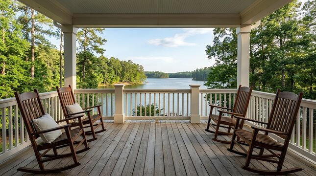 A serene view of classic wooden rocking chairs placed on a large welcoming upper porch of a lakefront home in the Southern United States. rocking chairs rocking chairs porch veranda deck upper large