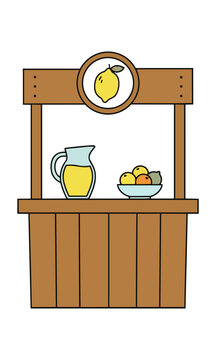Charming hand-drawn lemonade stand with a wooden counter citrus fruit and a pitcher on a clean white background summer refreshment concept