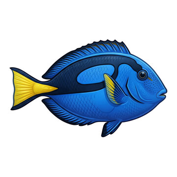 Blue tang fish illustration with vibrant blue body and yellow tail isolated on white background