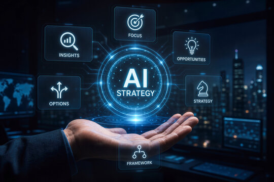AI strategy platform hand presenting interactive insight driven framework for business planning combining AI capabilities with strategic frameworks in futuristic dark environment