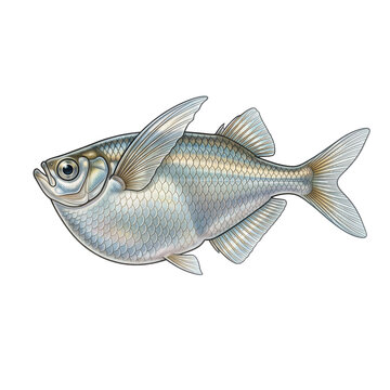 Silver hatchetfish with deep keeled body and wing-like pectoral fins isolated on white background