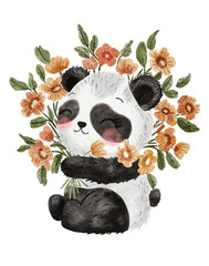 Illustration with a cute panda and flowers painted in watercolor on a transparent background. Ideal for making posters postcards covers prints on t-shirts, bags. © Irina
