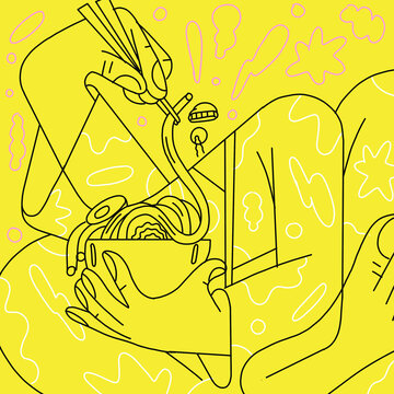 Person Eating Ramen Noodles with Chopsticks in Colorful Line Art