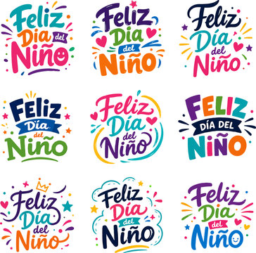 Feliz Dia del Ni&ntilde;o colorful lettering set, 9 vibrant Spanish Children's Day typography emblems, playful hand-drawn holiday labels for kids