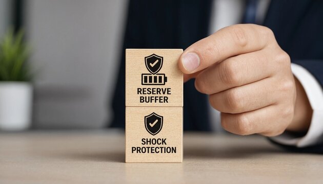 Person holding wooden blocks illustrating financial concepts reserve buffer and shock protection in business setting