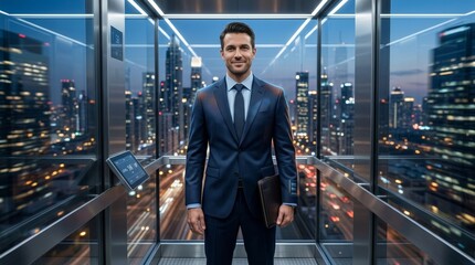 Fototapeta premium Confident Businessman in Elevator with Cityscape Background at Night
