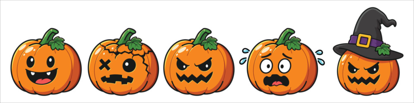 Cute Halloween Pumpkin Sticker Set with Funny Spooky Faces Cartoon Vector