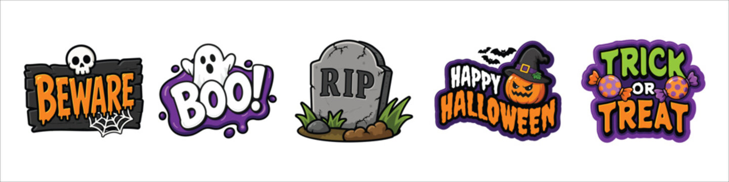 Cute Halloween Typography Sticker Set with Spooky Cartoon Labels Vector