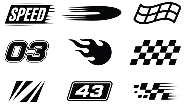 Racing sport symbols including checkered flags, flames, and speed graphics for automotive racing, championship branding, promotional materials, and creative design