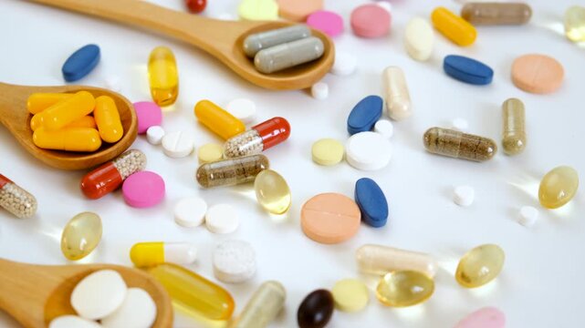 Various tablets and capsules, supplements and vitamins. Selective focus.