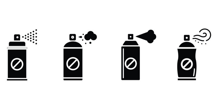 Insecticide spray can pest control icon set, bug repellent aerosol disinfectant chemical protection symbols vector illustration
