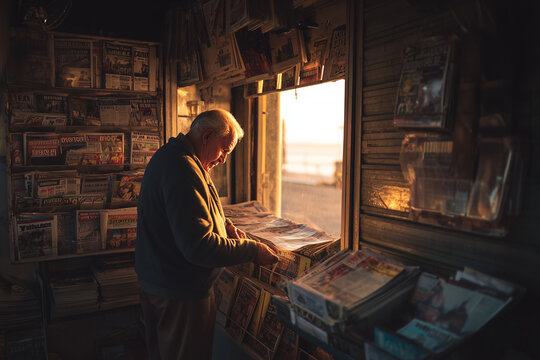 Senior man opening street newsstand kiosk at sunrise