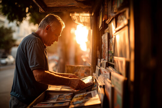 Senior man opening street newsstand kiosk at sunrise