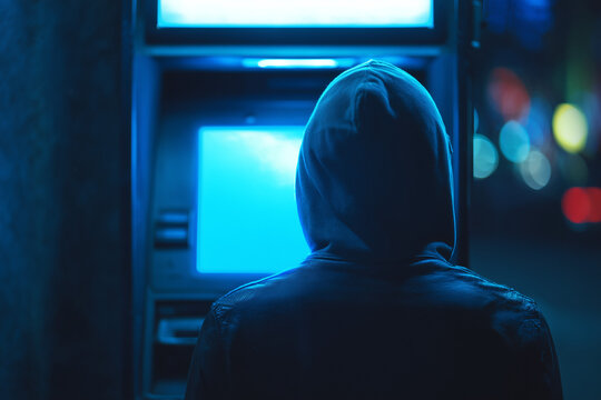 Person using illuminated street ATM cash machine night