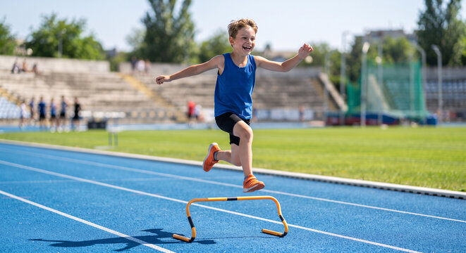Happy little boy jumping over hurdle on running track stadium during sports training.