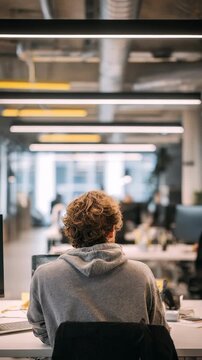 A focused employee is seen from behind, immersed in work at a stylish office with large windows and linear lighting. The scene captures a trendy, collaborative work environment